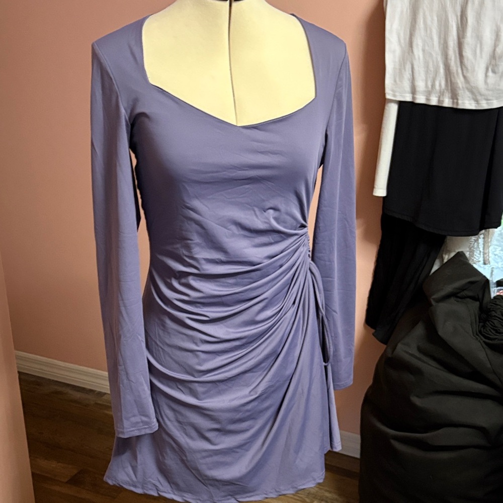 Ruched Lavender Long-Sleeve Square-Neck Dress